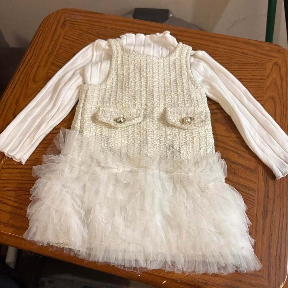 Baby Girl White Tweed Pinafore Dress Set with Tulle Ruffles